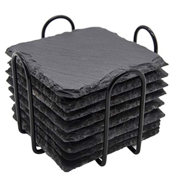 Slate Drink Coasters with Metal Holder, GOH DODD Set of 8 Black Coasters, 4 Inch Stone Coaster Set C...