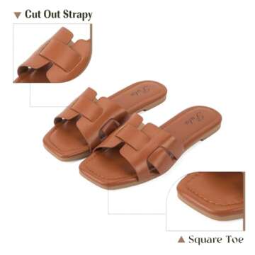 Putu Women's Flat Sandals Dressy Summer Sandals Strappy Slides with Square Open Toe Brown Size 7.5