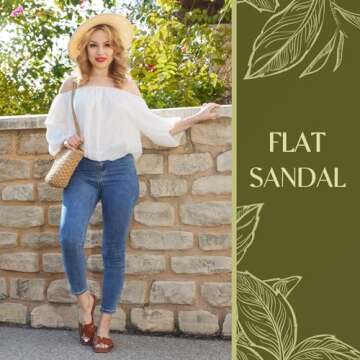 Putu Women's Flat Sandals Dressy Summer Sandals Strappy Slides with Square Open Toe Brown Size 7.5