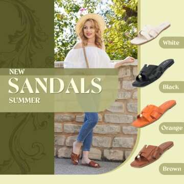 Putu Women's Flat Sandals Dressy Summer Sandals Strappy Slides with Square Open Toe Brown Size 7.5