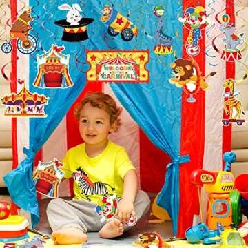 Zonon 30 Pcs Carnival Hanging Swirl Decorations Colorful Circus Animal Party Supplies Carnival Baby Shower Decor Double Sided Ceiling Circus Streamers for Kids Birthday Baby Shower Party Favors