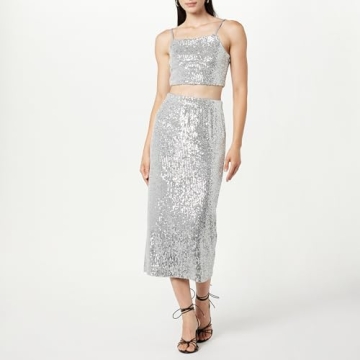 Elegant Silver Sequin Midi Skirt by The Drop - Versatile & Stylish