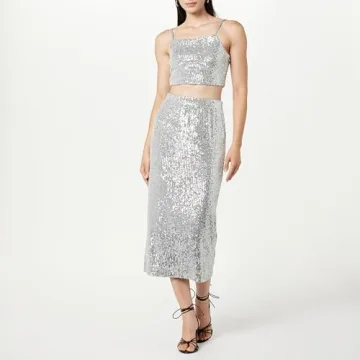 Elegant Silver Sequin Midi Skirt by The Drop - Versatile & Stylish