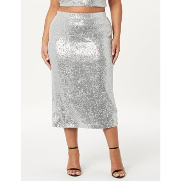 Elegant Silver Sequin Midi Skirt by The Drop - Versatile & Stylish