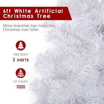 6ft White Artificial Christmas Tree, Arbol de Navidad with 1000 Branch Tips, Fake Christmas Tree, Premium Spruce Xmas Tree with Fold-Able Metal Base Stand