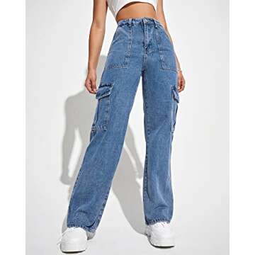 Flvsun Women's Cargo Pants High Waisted Baggy Cargo Jeans Straight Leg Y2K Streetwear Trousers with ...