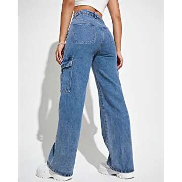 Flvsun Women's Cargo Pants High Waisted Baggy Cargo Jeans Straight Leg Y2K Streetwear Trousers with 6 Pockets for Women Teen Girl S-Light Blue.