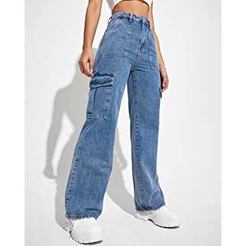 Flvsun Women's Cargo Pants High Waisted Baggy Cargo Jeans Straight Leg Y2K Streetwear Trousers with 6 Pockets for Women Teen Girl S-Light Blue.
