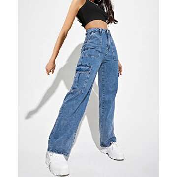 Flvsun Women's Cargo Pants High Waisted Baggy Cargo Jeans Straight Leg Y2K Streetwear Trousers with 6 Pockets for Women Teen Girl S-Light Blue.