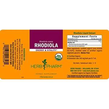 Herb Pharm Certified Organic Rhodiola Root Extract for Energy, Endurance and Stamina, Organic Cane A...