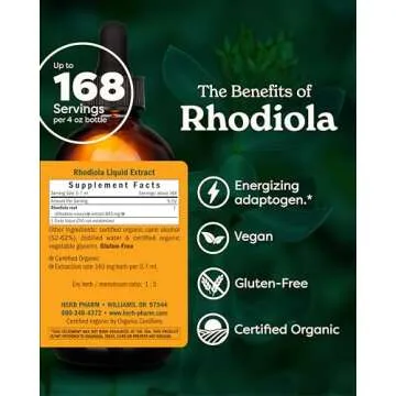 Herb Pharm Certified Organic Rhodiola Root Extract for Energy, Endurance and Stamina, Organic Cane Alcohol, 4 Ounce