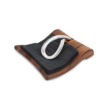 nambe Breeze Napkin Holder | Tabletop Napkin Tray for Parties, Weddings, and Events | Made of Acacia Wood and Stainless Steel | Measures at 9" x 7.5" x 3" | Designed by Neil Cohen