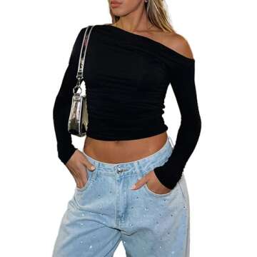 Matunana Going Out Tops for Women Long Sleeve Shirts Off The Shoulder Tshirt Ruched Crop Fall Clothes Fashion 2024 Sweaters Workout Basic Cute Y2K Winter Clothes Teen Girls Black