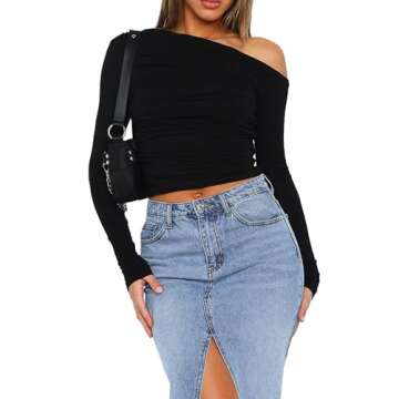 Matunana Going Out Tops for Women Long Sleeve Shirts Off The Shoulder Tshirt Ruched Crop Fall Clothes Fashion 2024 Sweaters Workout Basic Cute Y2K Winter Clothes Teen Girls Black