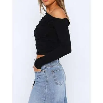 Matunana Going Out Tops for Women Long Sleeve Shirts Off The Shoulder Tshirt Ruched Crop Fall Clothes Fashion 2024 Sweaters Workout Basic Cute Y2K Winter Clothes Teen Girls Black