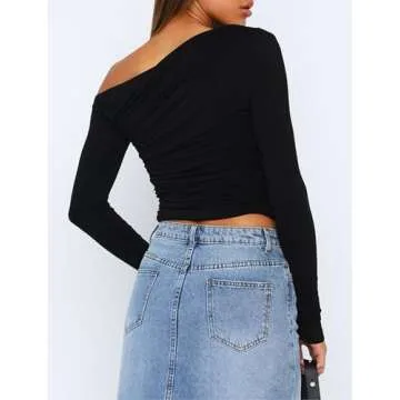 Matunana Going Out Tops for Women Long Sleeve Shirts Off The Shoulder Tshirt Ruched Crop Fall Clothes Fashion 2024 Sweaters Workout Basic Cute Y2K Winter Clothes Teen Girls Black