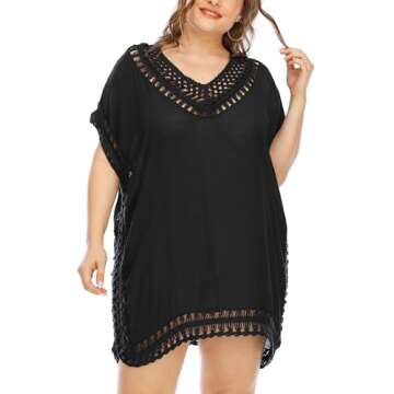 Adisputent Swimsuit Cover Ups for Women Plus Size Black Chiffon Beach Wear Mesh Tassel Crochet Bathing Suits Coverups Swimwear Dress, Black