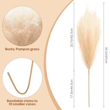 Ouddy Decor 8 Pcs Faux Pampas Grass Decor 38"/97cm Tall Artificial Large Pompas Grass Fluffy Bulrush...