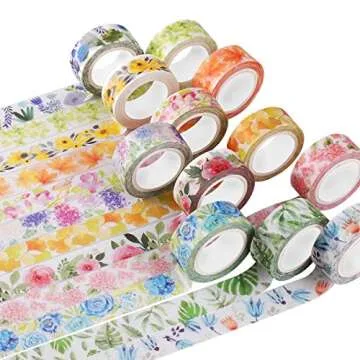 Knaid Floral Washi Tape Set, Assorted 12 Rolls of Spring Flower Decorative Paper Tapes for Arts and DIY Crafts, Scrapbooking, Bullet Journal, Planner, Gift Wrapping, Holiday Decoration