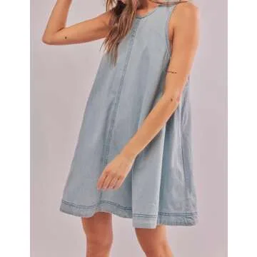TBETNE Women’s Denim Dress Summer Casual Sleeveless Jean Mini Dresses with Pockets(Light Blue, S)