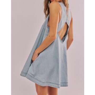 TBETNE Women’s Denim Dress Summer Casual Sleeveless Jean Mini Dresses with Pockets(Light Blue, S)