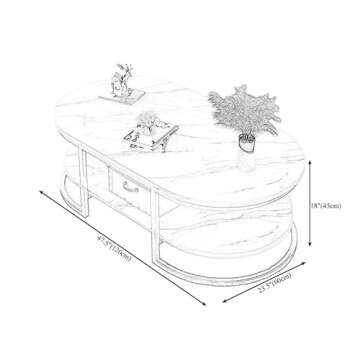 LITFAD Modern Oval Faux Marble Coffee Table with Gold Metal Frame Living Room Table with Shelf Cockt...