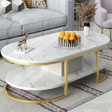 LITFAD Modern Oval Faux Marble Coffee Table with Gold Metal Frame Living Room Table with Shelf Cocktail Table - Shelves Included 18" H x 47" L x 24" W White
