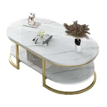 LITFAD Modern Oval Faux Marble Coffee Table with Gold Metal Frame Living Room Table with Shelf Cocktail Table - Shelves Included 18" H x 47" L x 24" W White