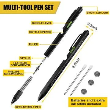 Gifts for Men, 9 in 1 Multitool Pen Set, Cool Gadgets for Men Dad Him Boyfriend Husband Fathers Day Birthday Gifts, Tool Pen with Led Light, Stylus, Screwdriver, Bottle Opener, Ruler, Level(Black)