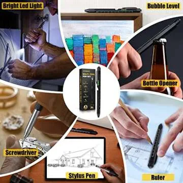 Gifts for Men, 9 in 1 Multitool Pen Set, Cool Gadgets for Men Dad Him Boyfriend Husband Fathers Day Birthday Gifts, Tool Pen with Led Light, Stylus, Screwdriver, Bottle Opener, Ruler, Level(Black)