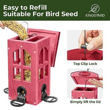 Kingsyard Rainproof Bird Feeder for Outdoor Hanging - Recycled Plastic Wild Bird Feeder with Metal Mesh Tray, Garden Yard Decoration, Red