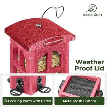 Kingsyard Rainproof Bird Feeder for Outdoor Hanging - Recycled Plastic Wild Bird Feeder with Metal Mesh Tray, Garden Yard Decoration, Red