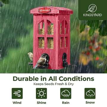 Kingsyard Rainproof Bird Feeder for Outdoor Hanging - Recycled Plastic Wild Bird Feeder with Metal Mesh Tray, Garden Yard Decoration, Red