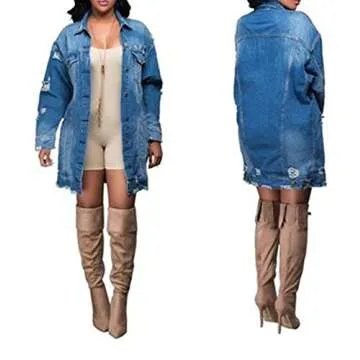 SOMTHRON Women's Distressed Denim Jeans Outfits Coat Spring Fall Ripped Jeans Outerwear Denim Jacket(BE-L)