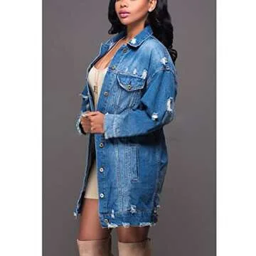 SOMTHRON Women's Distressed Denim Jeans Outfits Coat Spring Fall Ripped Jeans Outerwear Denim Jacket(BE-L)