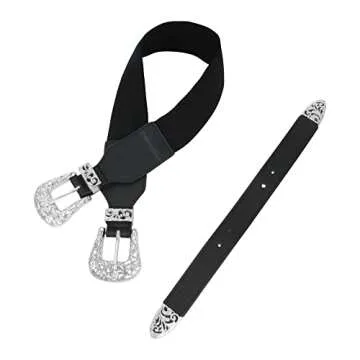 CLARA Women Vintage Western Waist Belt Double Buckle Belt Elastic Stretch Belt PU Leather Waistband for Jeans Dress, Zz-silver, One Size (yd-07245-02CL)