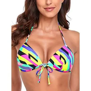 Relleciga Neon Striped Tie Front Triangle Bikini Top