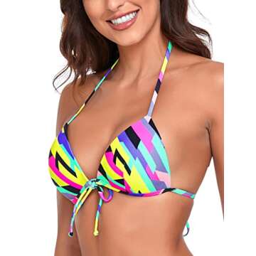 RELLECIGA Women's Neon Striped Tie Front Triangle Bikini Top Size Large