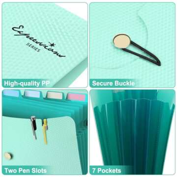 Sooez 7 Pocket Expanding File Folder, Premium Accordion File Organizer, Letter Size Folders for Documents, Sleek Filing Folders with Bungee Closure, Portable Folders for School Office Supplies, Green