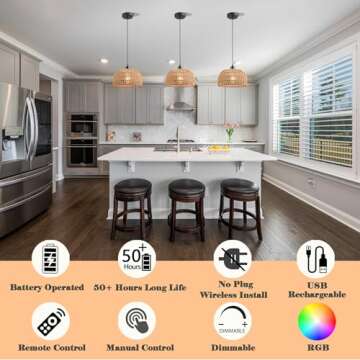 Battery Operated Pendant Light with Remote,Battery Hanging Light Rattan Woven Chandelier No Wiring N...