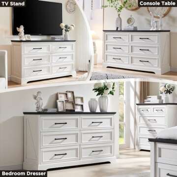 ACCOHOHO Farmhouse 6 Drawer Dresser for Bedroom, 52 Inch Wide Modern Dresser TV Stand with Large Drawers & Bar Handles, Rustic Wood Chest of Drawers for Bedroom, Living Room, Hallway, Off White