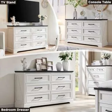 ACCOHOHO Farmhouse 6 Drawer Dresser for Bedroom, 52 Inch Wide Modern Dresser TV Stand with Large Drawers & Bar Handles, Rustic Wood Chest of Drawers for Bedroom, Living Room, Hallway, Off White