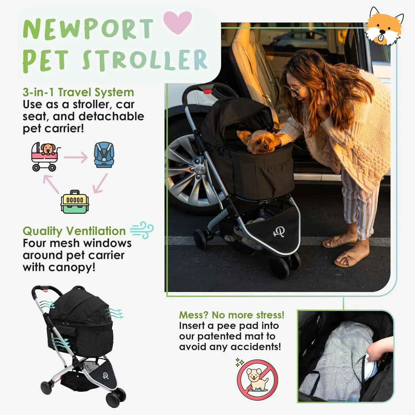 3-in-1 Pet Stroller for Dogs & Cats - Midnight Black