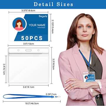 Segarty Lanyards with ID Holder - 50 Pack Horizontal Name Tags Badge Holders with Blue Strap Lanyard...