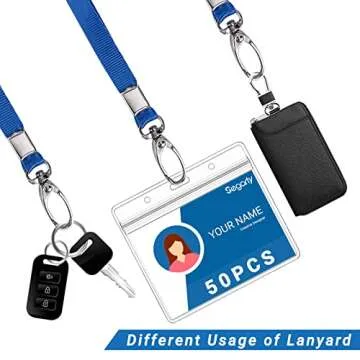Segarty Lanyards with ID Holder - 50 Pack Horizontal Name Tags Badge Holders with Blue Strap Lanyards Bulk, Clear Waterproof Plastic Nametags Badges for School Students Teachers, Work Office