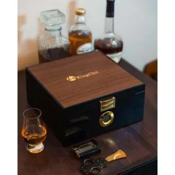 KingChii Vintage Wooden Storage Cigar Humidor, 25-50 Cigars, Intelligent Humidity (65%-75%) & Temperature Control (64°F-74°F), Spanish Cedar, Includes Type C & Plug Cable, Ideal for Father’s Day