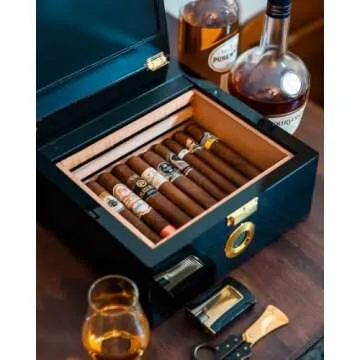 KingChii Vintage Wooden Storage Cigar Humidor, 25-50 Cigars, Intelligent Humidity (65%-75%) & Temperature Control (64°F-74°F), Spanish Cedar, Includes Type C & Plug Cable, Ideal for Father’s Day
