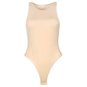 GEMBERA Women's Sleeveless High Neck Racerback Tank Bodysuit Basic Cotton Thong Leotard Khaki,S