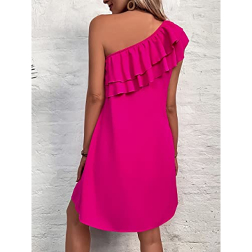 Floerns Women's One Shoulder Tiered Layered Sleeveless Ruffle Trim Tunic Dress A Hot Pink M