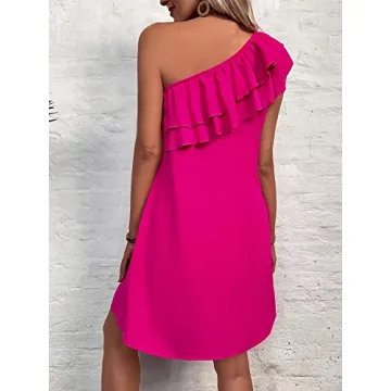 Floerns Women's One Shoulder Tiered Layered Sleeveless Ruffle Trim Tunic Dress A Hot Pink M
